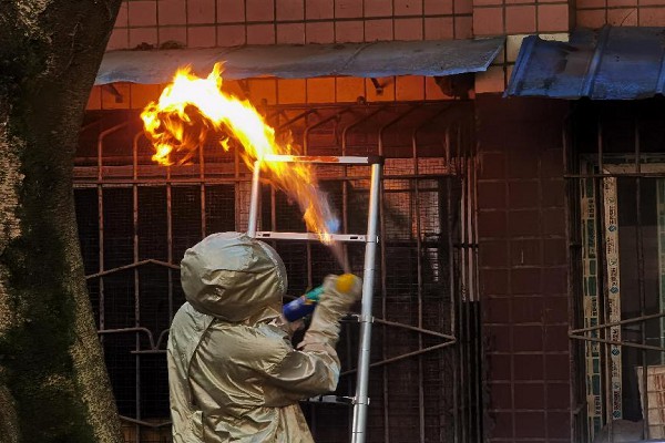 消防員清理住戶窗外的馬蜂窩。兩江新區消防救援支隊供圖