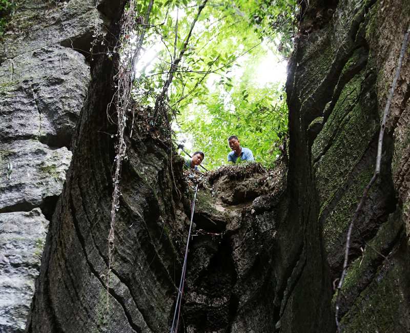 抗旱保供水專班人員在新花村一山洞查看水源。楊敏攝