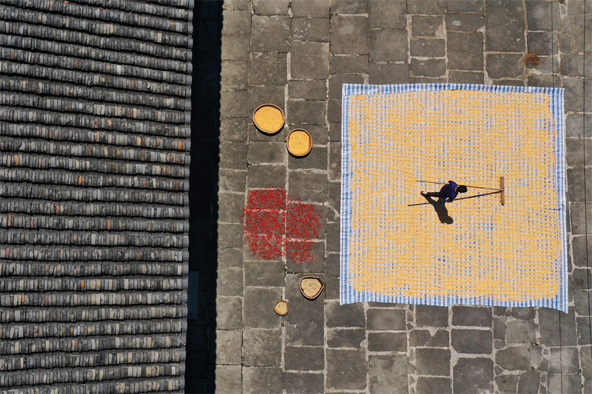 重慶市黔江區小南海鎮橋梁村古楓寨村民在晾曬玉米、辣椒、花生等農作物。 楊敏攝