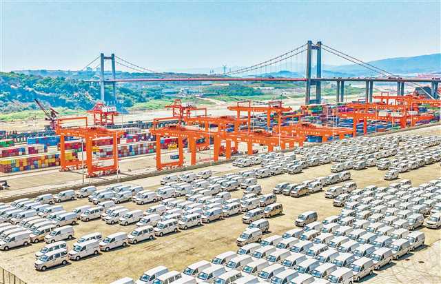 9月5日，眾多嶄新的商品車停放在果園港集裝箱碼頭。今年前8個月，11萬輛商品車通過果園港經長江黃金水道運輸至華中、華東地區。