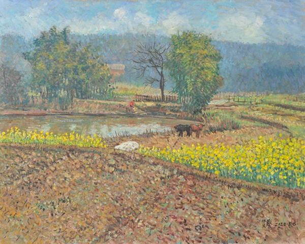 楊賢藝創作的油畫作品《藺市五馬小景》。王琦美術博物館供圖