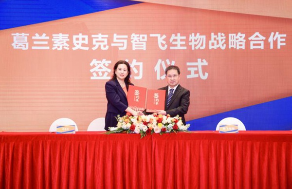 GSK副總裁、GSK中國總經理齊欣（左）與智飛生物董事長蔣仁生（右）。智飛生物供圖