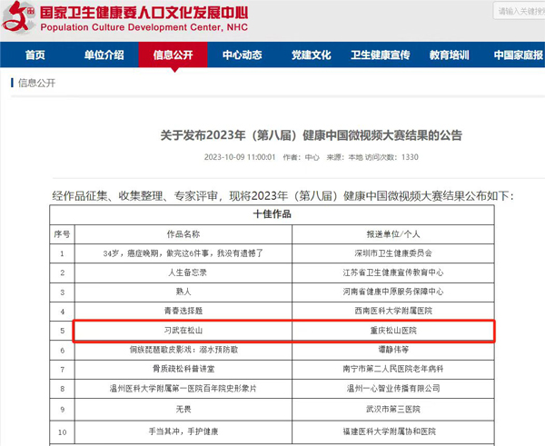 “全國十佳”獲獎名單。重慶松山醫院供圖
