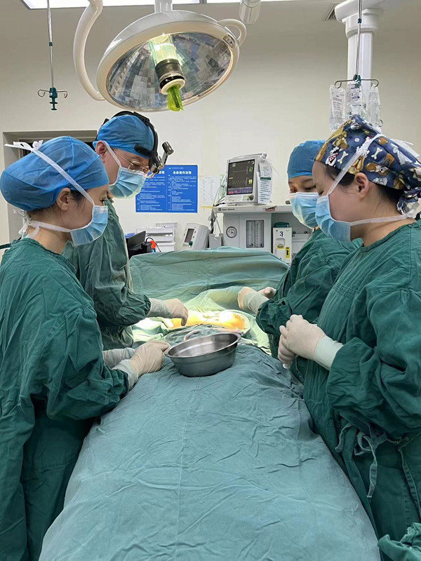 單磊（左二）與團隊正在手術中。重慶兩江新區人民醫院供圖