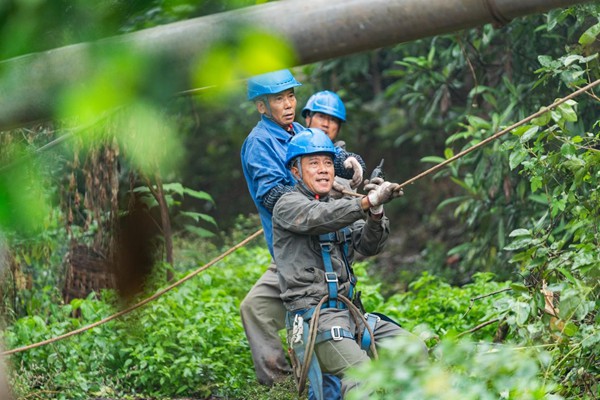 電力員工拉緊牽引繩組立電桿。國網重慶永川供電公司供圖
