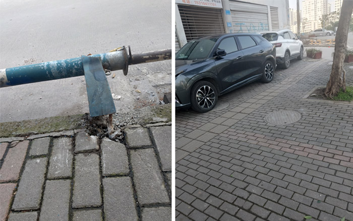 隔離欄桿破損后，導致機動車駛上人行道。網友供圖