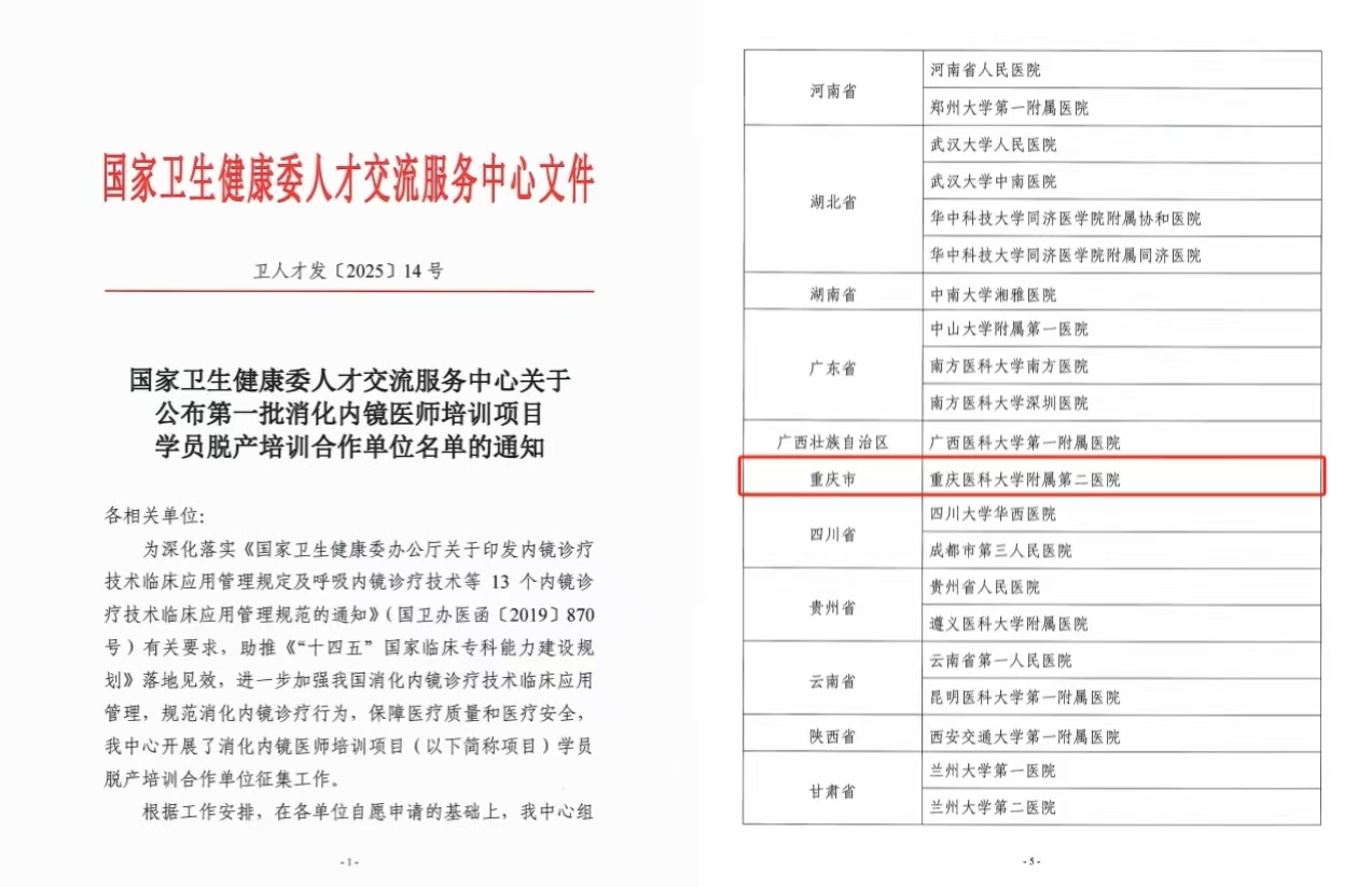 國家首批消化內鏡培訓項目學員脫產培訓合作單位名單。 重慶醫科大學附屬第二醫院供圖