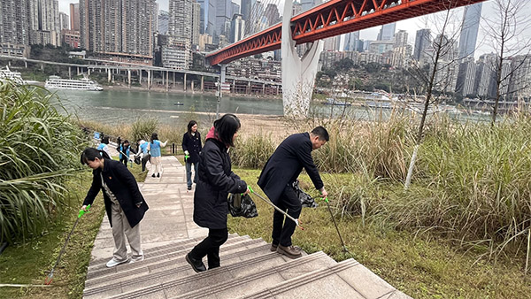 郵儲銀行青年志愿者參與江灘環境清潔。郵儲銀行重慶分行供圖
