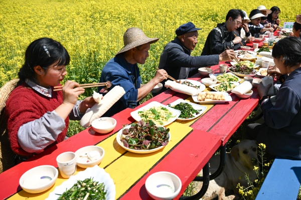 游客在油菜花田品嘗春日野食。景區供圖
