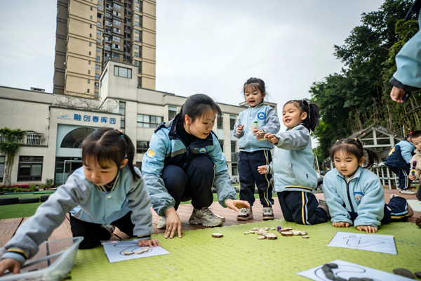 自然物創意拼搭。大渡口幼兒園供