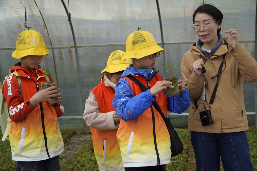 周李萍為小學生們講述崖柏的“重生”故事。受訪者供圖