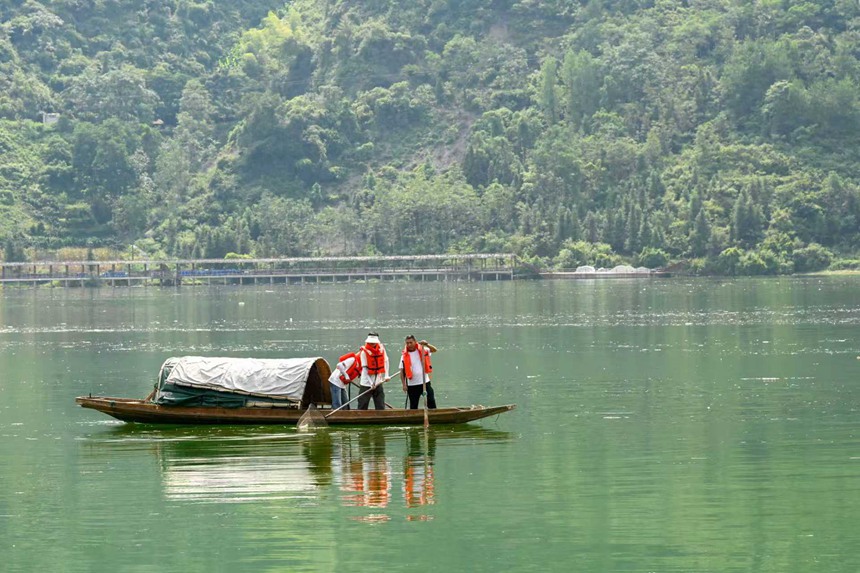 “河小青”志愿者們正在酉水河清漂。邱洪斌攝