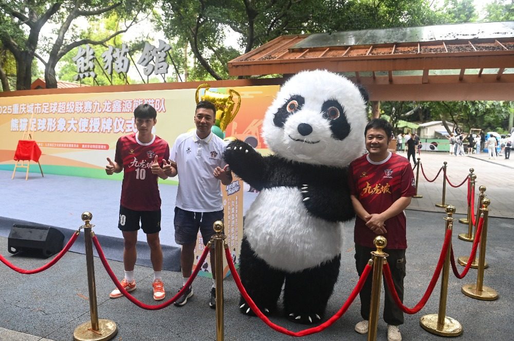 2025年9月29日，重慶動物園，九龍鑫源熊貓隊隊員與墩墩爸爸一起合影。記者 鄭宇 攝/視覺重慶