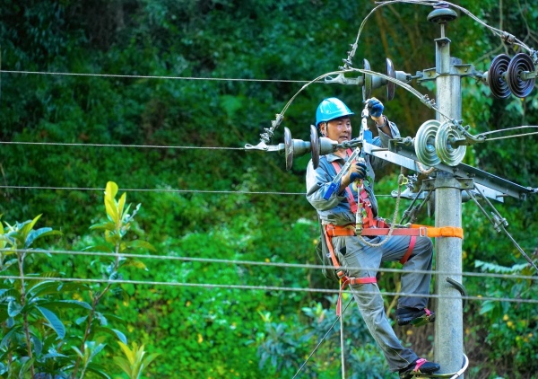 國網石柱供電公司員工在石柱縣中益鄉更換絕緣子設備。王紫晗攝